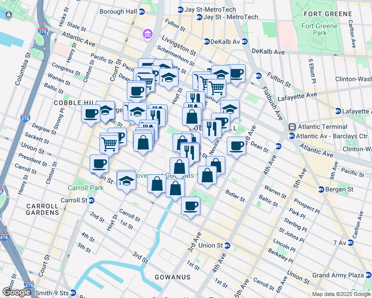 map of restaurants, bars, coffee shops, grocery stores, and more near 207 Bond Street in Brooklyn