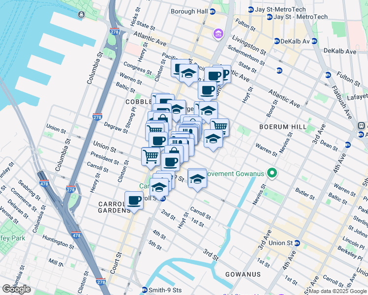 map of restaurants, bars, coffee shops, grocery stores, and more near 350 Degraw Street in Brooklyn
