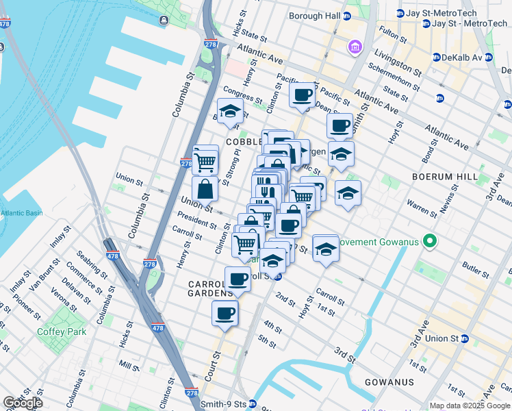map of restaurants, bars, coffee shops, grocery stores, and more near 352 Court Street in Brooklyn