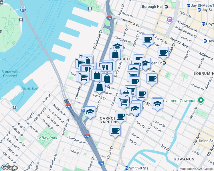 map of restaurants, bars, coffee shops, grocery stores, and more near 541 Henry Street in Brooklyn