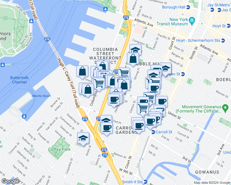 map of restaurants, bars, coffee shops, grocery stores, and more near 152 President Street in Brooklyn