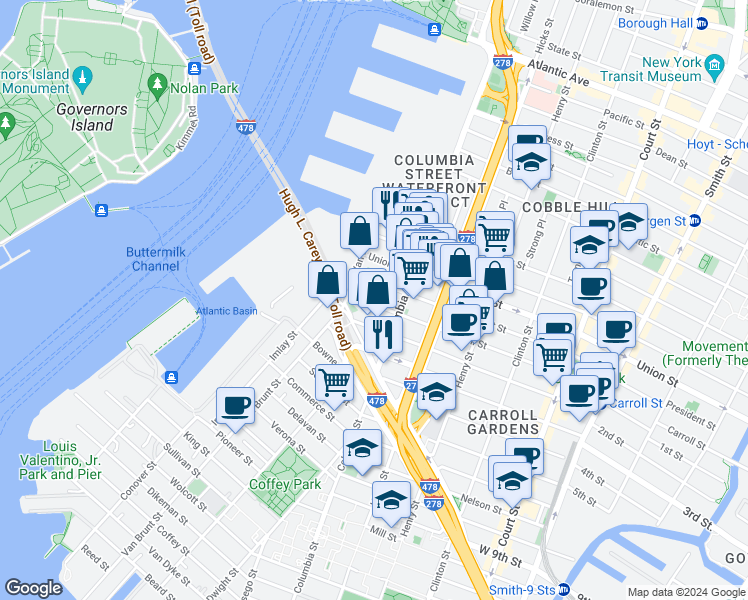 map of restaurants, bars, coffee shops, grocery stores, and more near 50 Carroll Street in Brooklyn