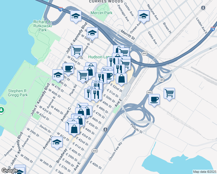 map of restaurants, bars, coffee shops, grocery stores, and more near 1030 Broadway in Bayonne