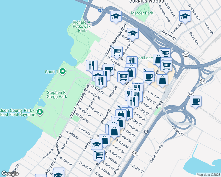 map of restaurants, bars, coffee shops, grocery stores, and more near 93 West 47th Street in Bayonne