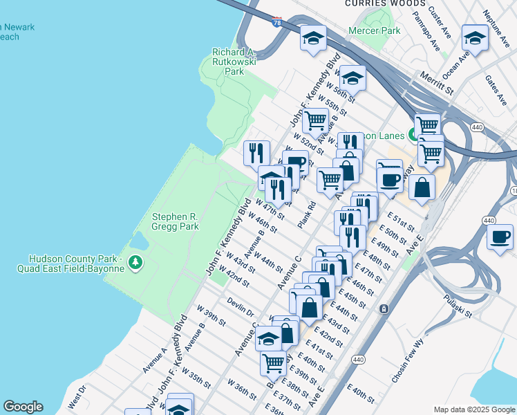 map of restaurants, bars, coffee shops, grocery stores, and more near 175 Avenue B in Bayonne