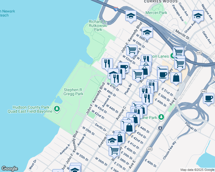 map of restaurants, bars, coffee shops, grocery stores, and more near 175 Avenue B in Bayonne