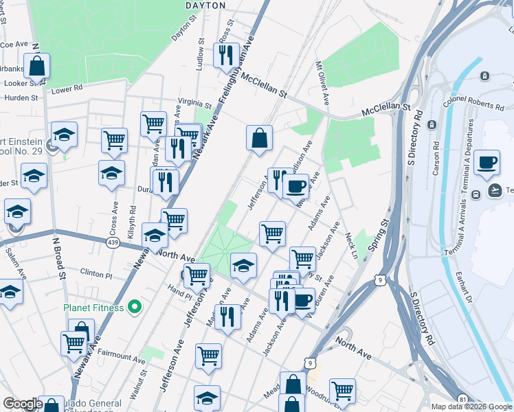 map of restaurants, bars, coffee shops, grocery stores, and more near 925 Jefferson Avenue in Elizabeth
