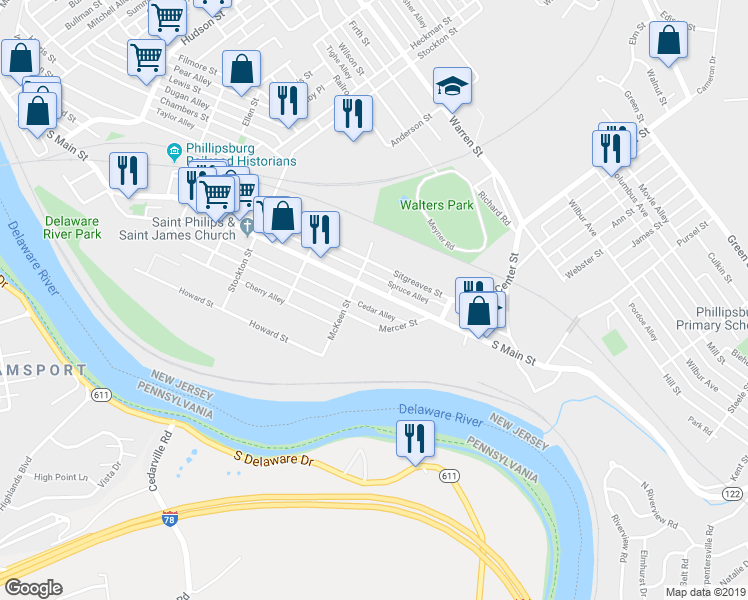 map of restaurants, bars, coffee shops, grocery stores, and more near 323 Mercer Street in Phillipsburg