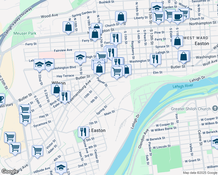 map of restaurants, bars, coffee shops, grocery stores, and more near 813 Palmer Street in Easton