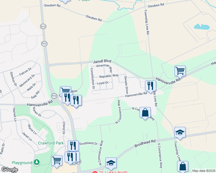 map of restaurants, bars, coffee shops, grocery stores, and more near 5319 Presidents Drive in Bethlehem