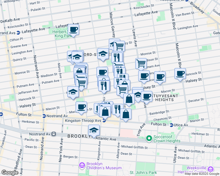 map of restaurants, bars, coffee shops, grocery stores, and more near 398 Hancock Street in Brooklyn