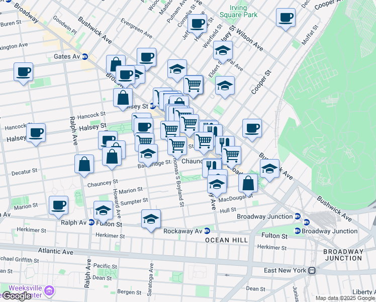 map of restaurants, bars, coffee shops, grocery stores, and more near 569 Bainbridge Street in Brooklyn