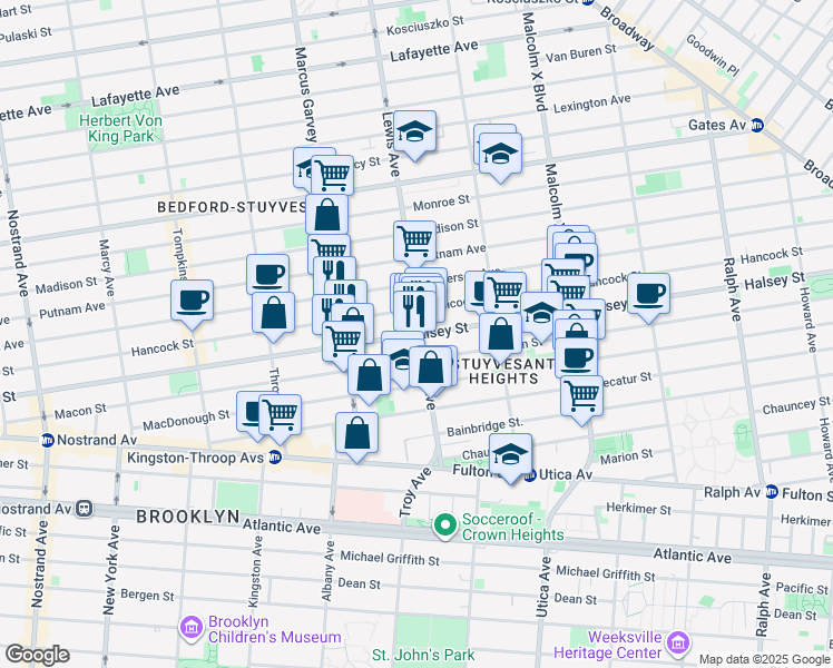 map of restaurants, bars, coffee shops, grocery stores, and more near 365 Lewis Avenue in Brooklyn