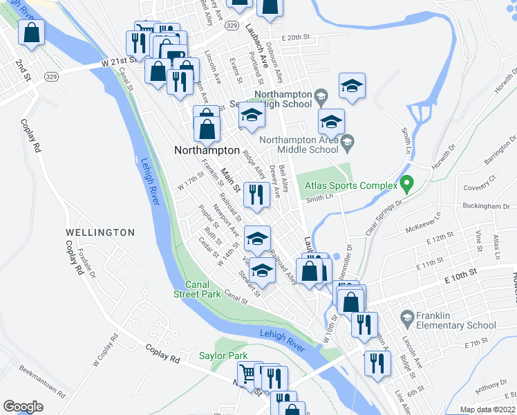 map of restaurants, bars, coffee shops, grocery stores, and more near 1421 Main Street in Northampton