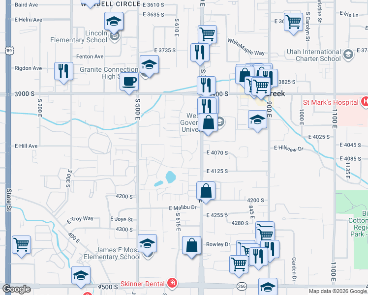 map of restaurants, bars, coffee shops, grocery stores, and more near 4040 South 685 East in Murray