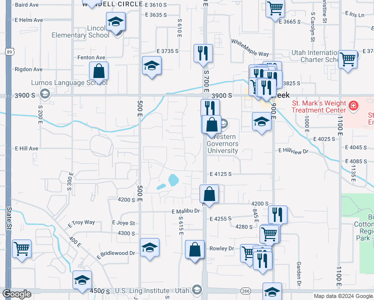 map of restaurants, bars, coffee shops, grocery stores, and more near 4040 South 685 East in Murray