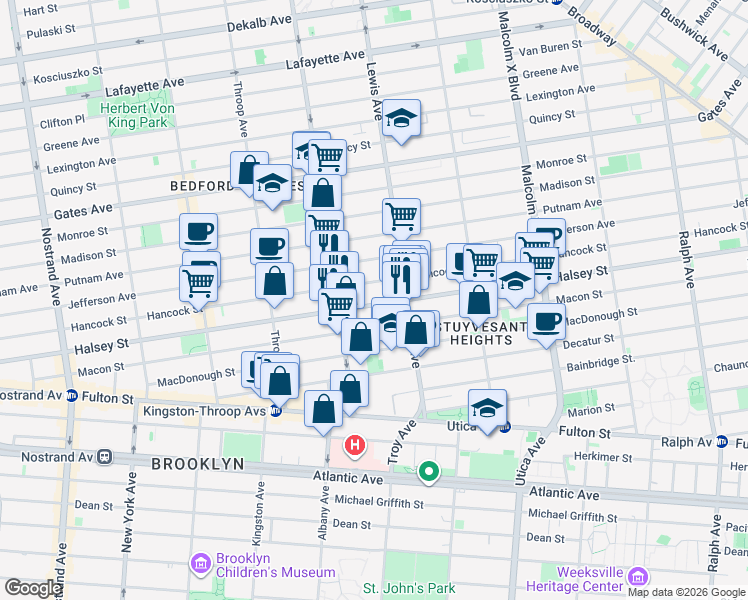 map of restaurants, bars, coffee shops, grocery stores, and more near 432 Halsey Street in Brooklyn