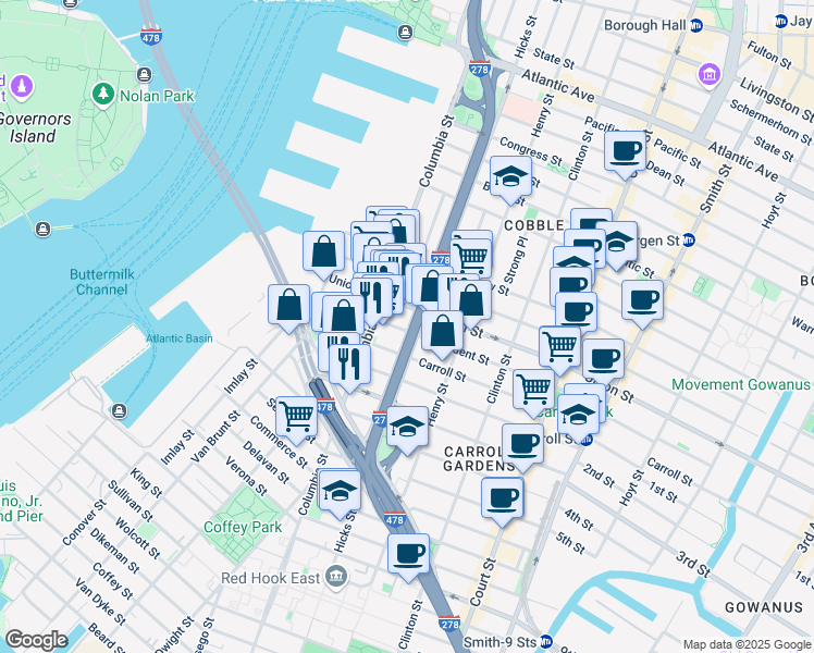 map of restaurants, bars, coffee shops, grocery stores, and more near 121 President Street in Brooklyn