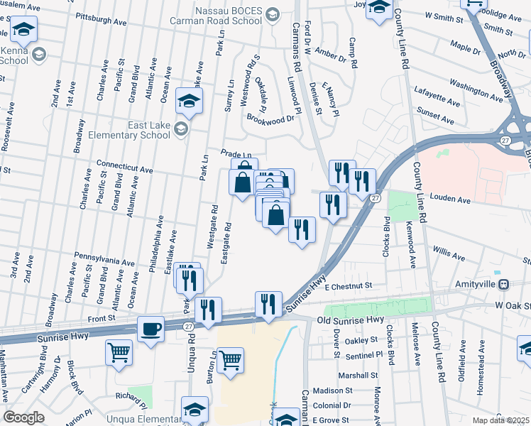 map of restaurants, bars, coffee shops, grocery stores, and more near 100 Sunrise Mall in Massapequa