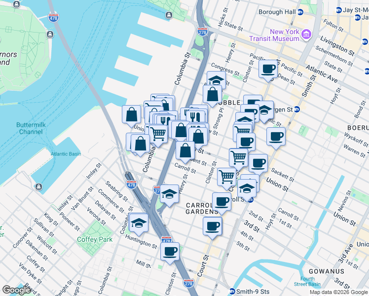 map of restaurants, bars, coffee shops, grocery stores, and more near 152 President Street in Brooklyn