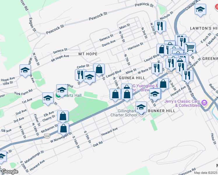 map of restaurants, bars, coffee shops, grocery stores, and more near 240 North 12th Street in Pottsville
