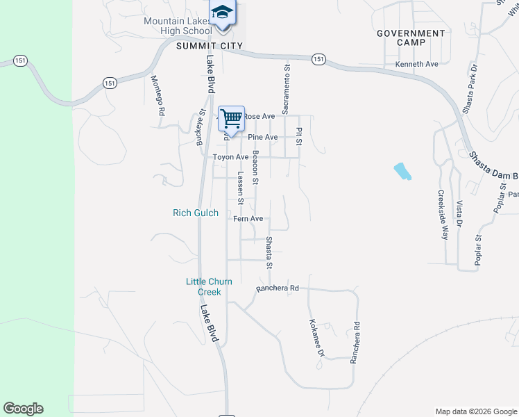map of restaurants, bars, coffee shops, grocery stores, and more near 17790-17798 Fern Avenue in Shasta Lake