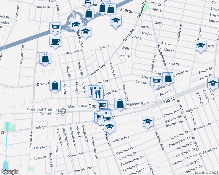 map of restaurants, bars, coffee shops, grocery stores, and more near 890 Campagnoli Avenue in Copiague