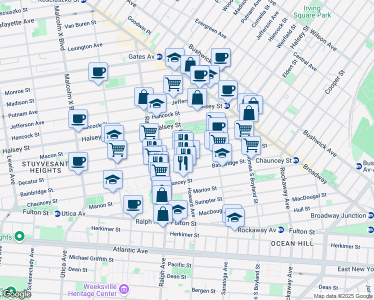map of restaurants, bars, coffee shops, grocery stores, and more near 160 Howard Avenue in Brooklyn