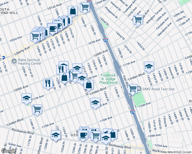 map of restaurants, bars, coffee shops, grocery stores, and more near 111-16 132nd Street in Queens
