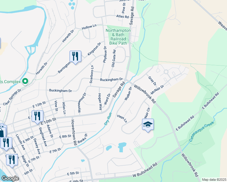 map of restaurants, bars, coffee shops, grocery stores, and more near 835 Ward Drive in Northampton