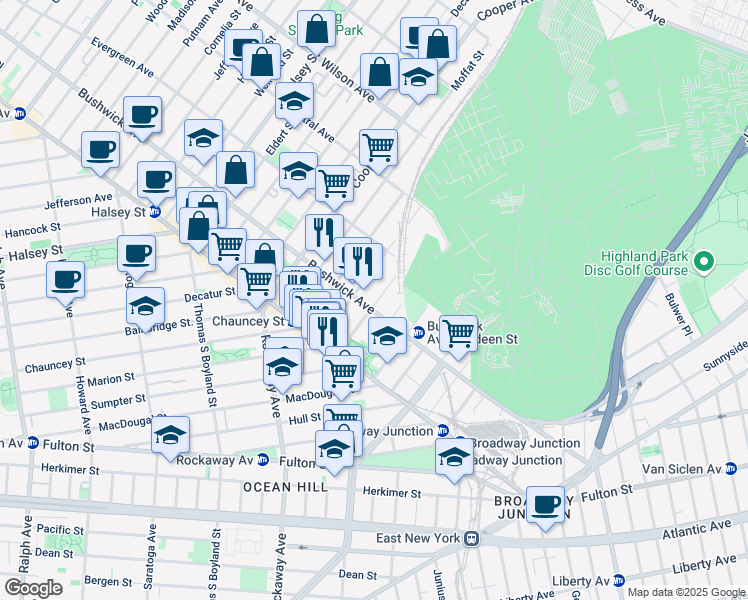 map of restaurants, bars, coffee shops, grocery stores, and more near 1503 Bushwick Avenue in Brooklyn