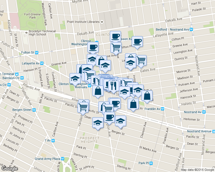 map of restaurants, bars, coffee shops, grocery stores, and more near 983 Fulton Street in Brooklyn