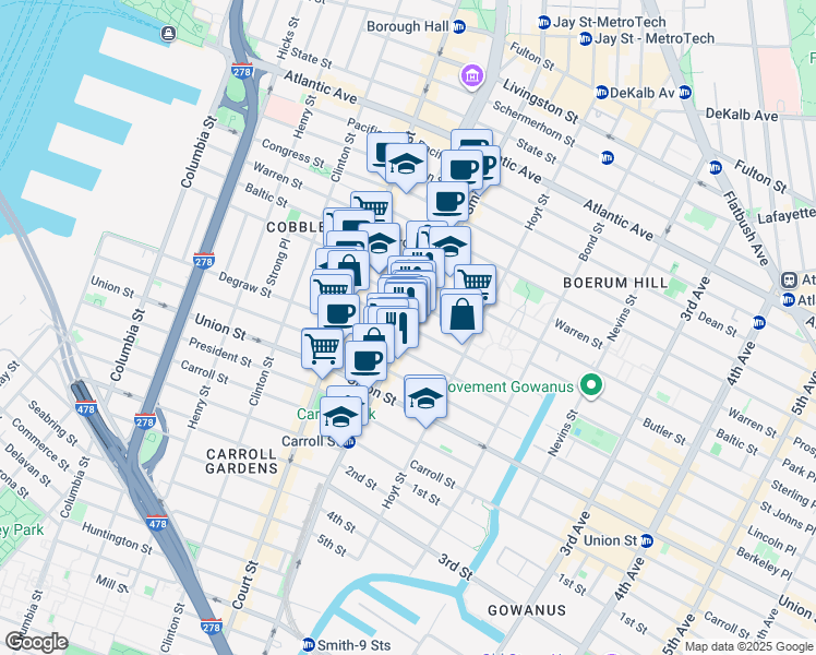 map of restaurants, bars, coffee shops, grocery stores, and more near Smith Street & Douglass Street in Brooklyn