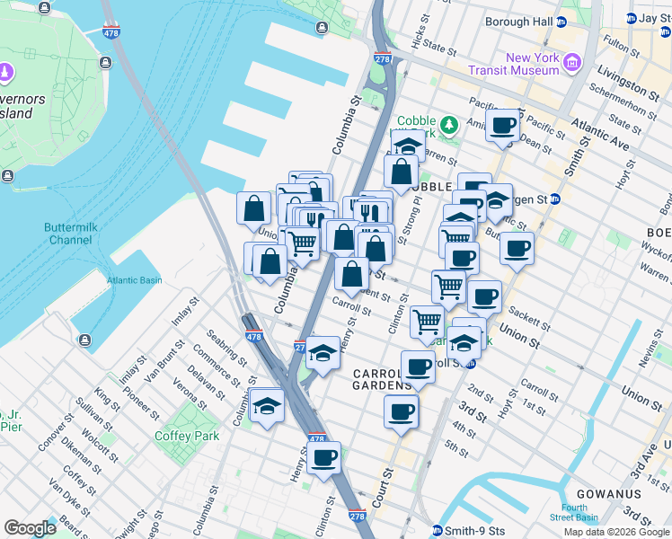 map of restaurants, bars, coffee shops, grocery stores, and more near 571 Hicks Street in Brooklyn