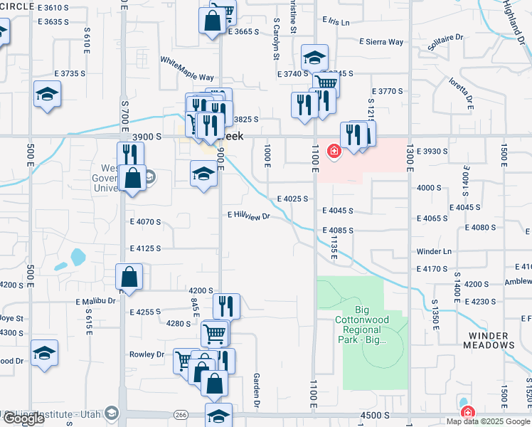 map of restaurants, bars, coffee shops, grocery stores, and more near 1008 Hillview Drive in Millcreek