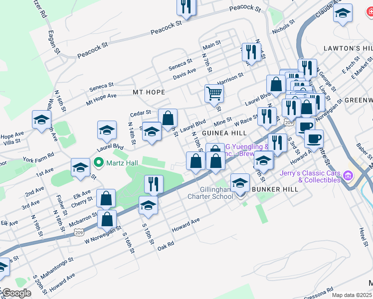 map of restaurants, bars, coffee shops, grocery stores, and more near 240 North 12th Street in Pottsville