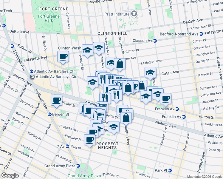 map of restaurants, bars, coffee shops, grocery stores, and more near 864 Fulton Street in Brooklyn