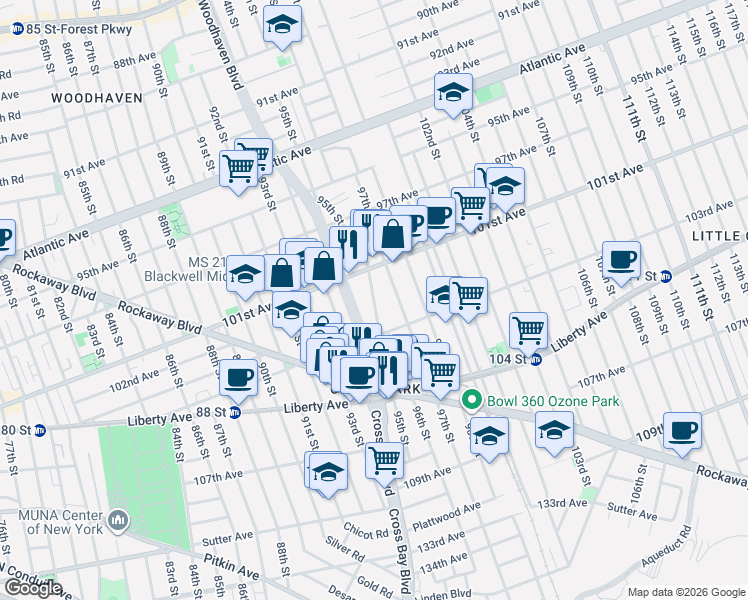 map of restaurants, bars, coffee shops, grocery stores, and more near 101-48 95th Street in Queens