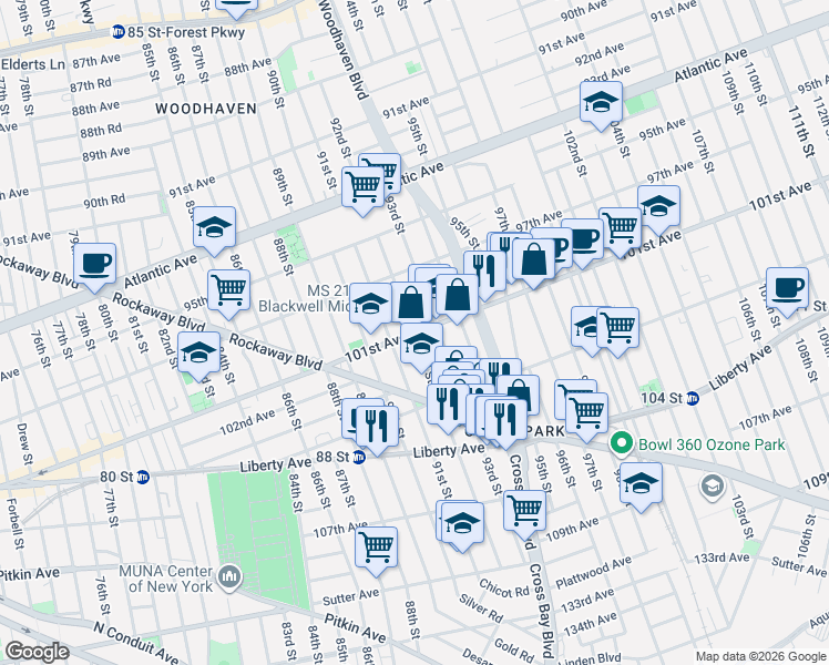map of restaurants, bars, coffee shops, grocery stores, and more near 10123 92nd Street in Queens