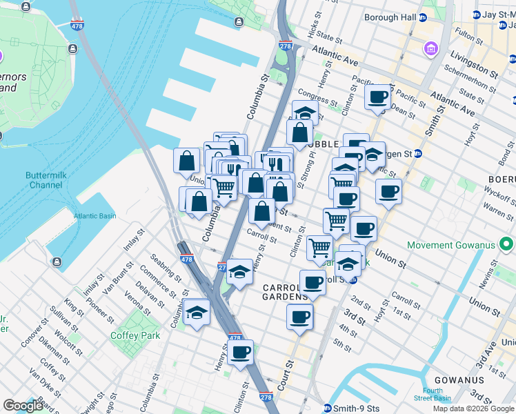 map of restaurants, bars, coffee shops, grocery stores, and more near 152 President Street in Brooklyn