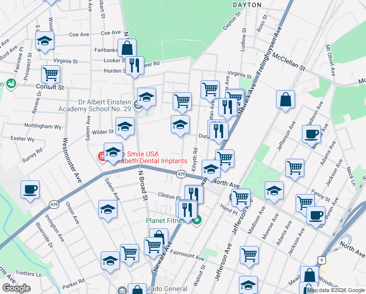 map of restaurants, bars, coffee shops, grocery stores, and more near 828 Cross Avenue in Elizabeth