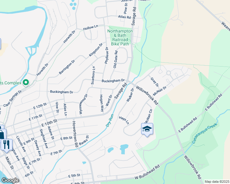 map of restaurants, bars, coffee shops, grocery stores, and more near 835 Ward Drive in Northampton