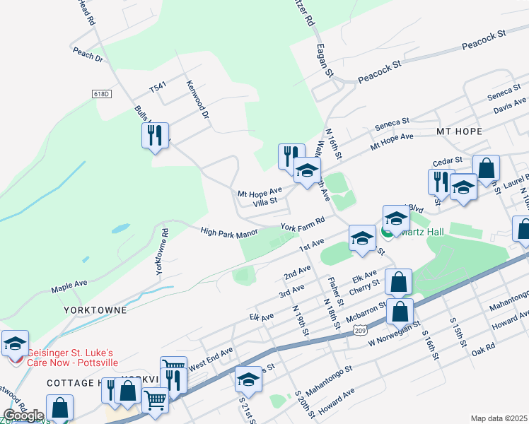 map of restaurants, bars, coffee shops, grocery stores, and more near 26 York Farm Road in Pottsville