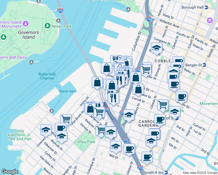 map of restaurants, bars, coffee shops, grocery stores, and more near 79 Hamilton Avenue in Brooklyn