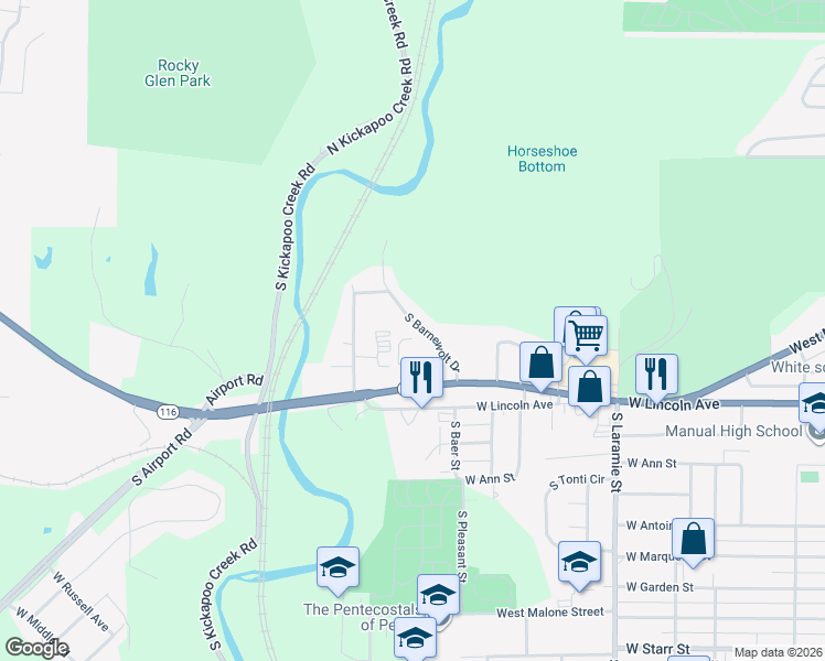map of restaurants, bars, coffee shops, grocery stores, and more near 3601 West Harmon Highway in Peoria
