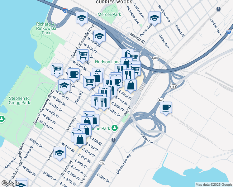 map of restaurants, bars, coffee shops, grocery stores, and more near 1030 Broadway in Bayonne