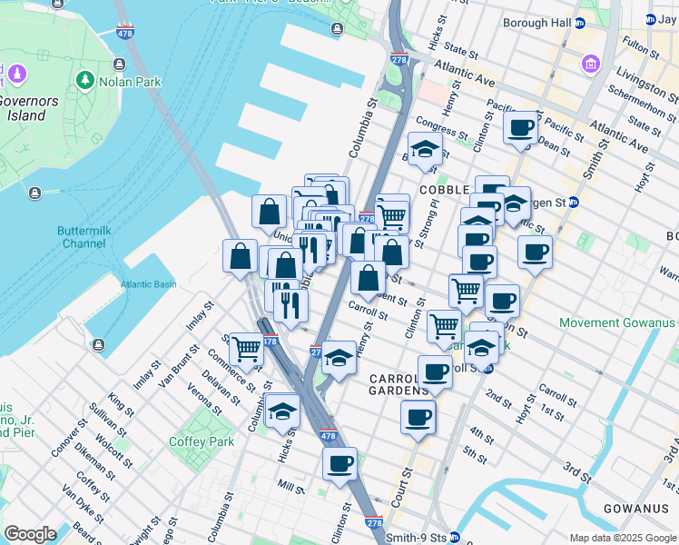 map of restaurants, bars, coffee shops, grocery stores, and more near 87 Carroll Street in Brooklyn