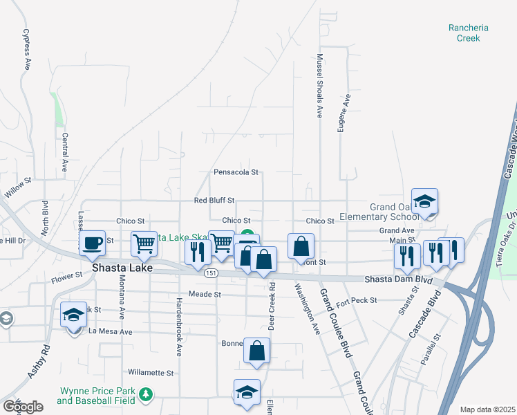 map of restaurants, bars, coffee shops, grocery stores, and more near 4627-4699 Chico Street in Shasta Lake