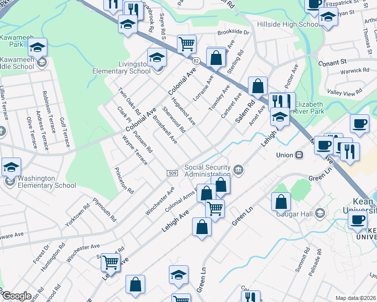 map of restaurants, bars, coffee shops, grocery stores, and more near 764 Salem Road in Union