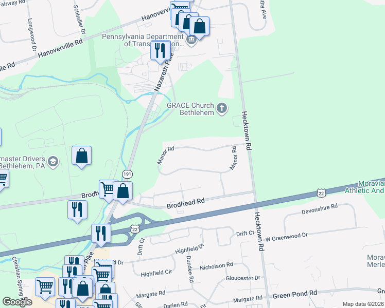 map of restaurants, bars, coffee shops, grocery stores, and more near 3545 Manor Road in Bethlehem